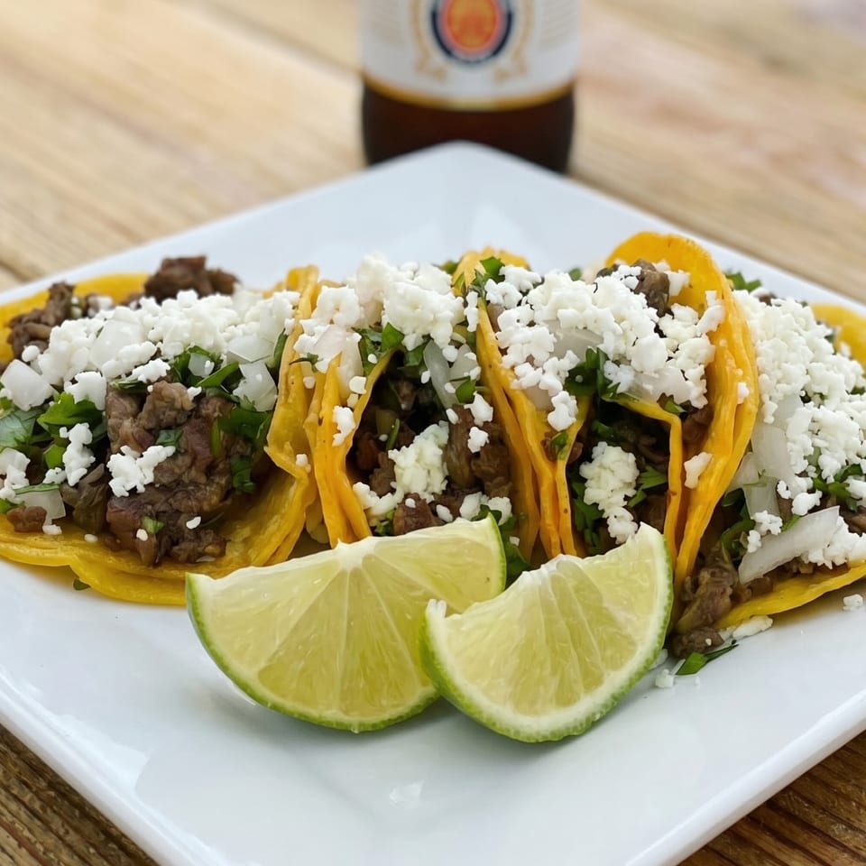 Four beef tacos with crumbled white cheese, diced onions, cilantro, and lime wedges on a white plate.