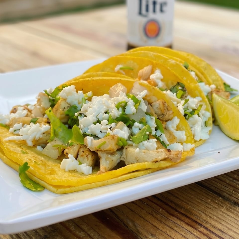 Chicken tacos with crumbled white cheese and cilantro, served with lime wedges and a beer.